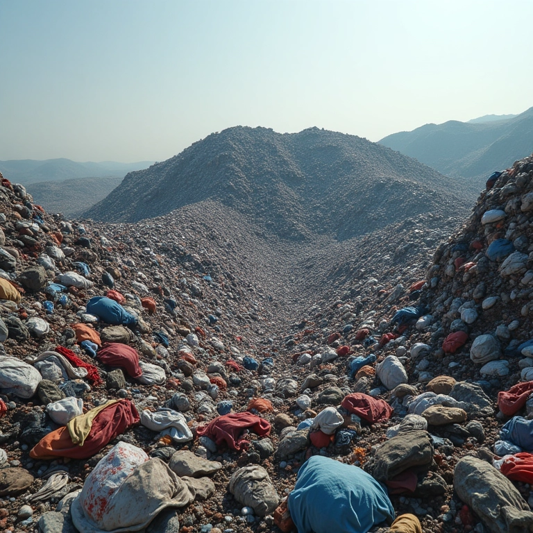 Lixão de roupas, mostrando o desastre ecológico causado pela fast fashion.