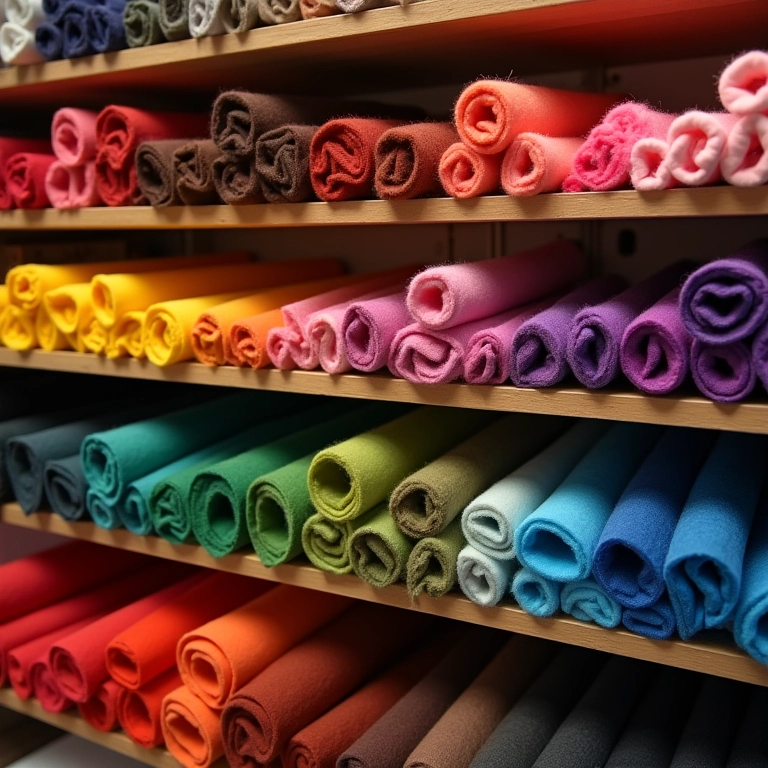 Loja de artesanato no Brasil com prateleiras de feltro 3D colorido.