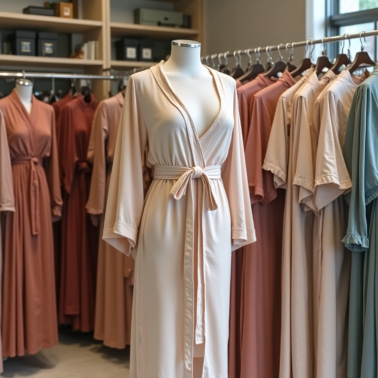 Loja de roupas bem organizada exibindo vários vestidos envelope.