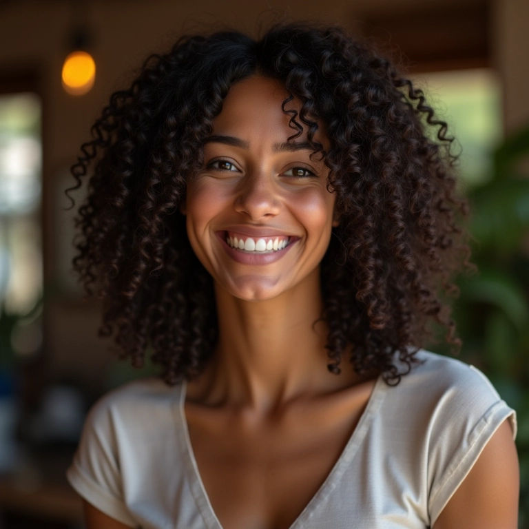 Long bob cacheado com volume e personalidade em ambiente Farm Rio.