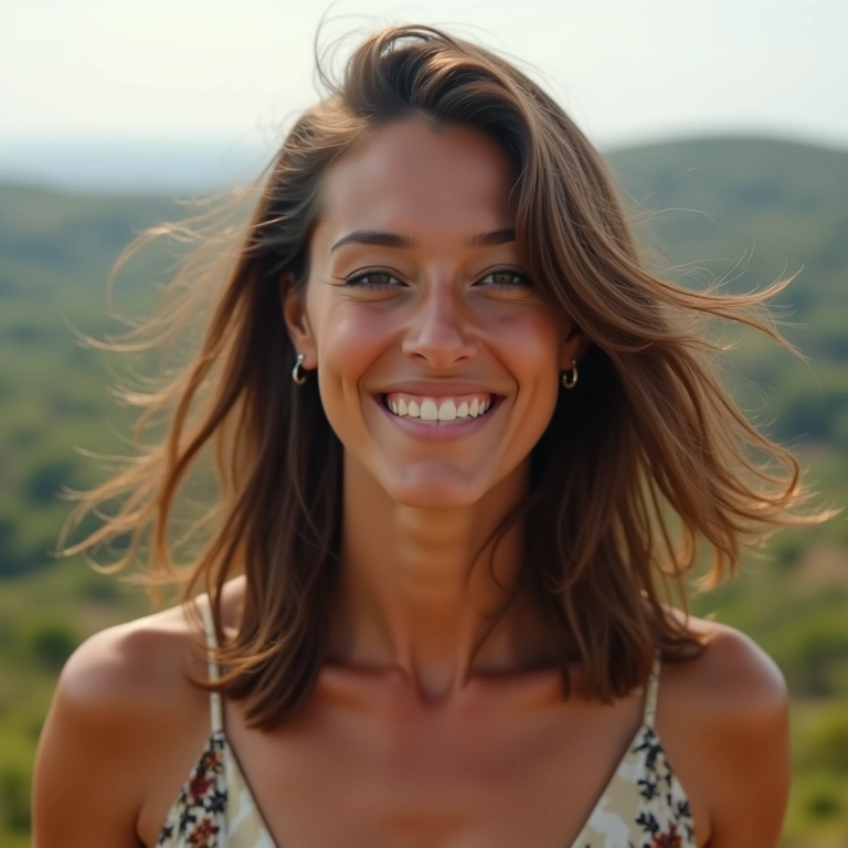 Long bob com camadas e movimento em paisagem brasileira.