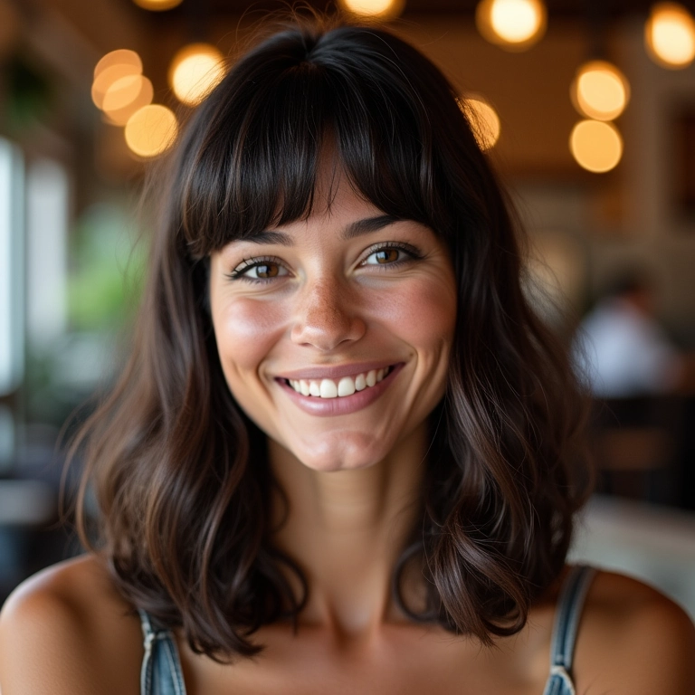 Long bob com franja em um charmoso café, adicionando um toque especial ao visual.