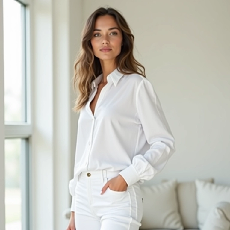 Look all white minimalista com camisa branca e calça.