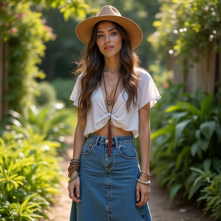 Look boho com saia jeans longa e blusa cropped em jardim ensolarado.