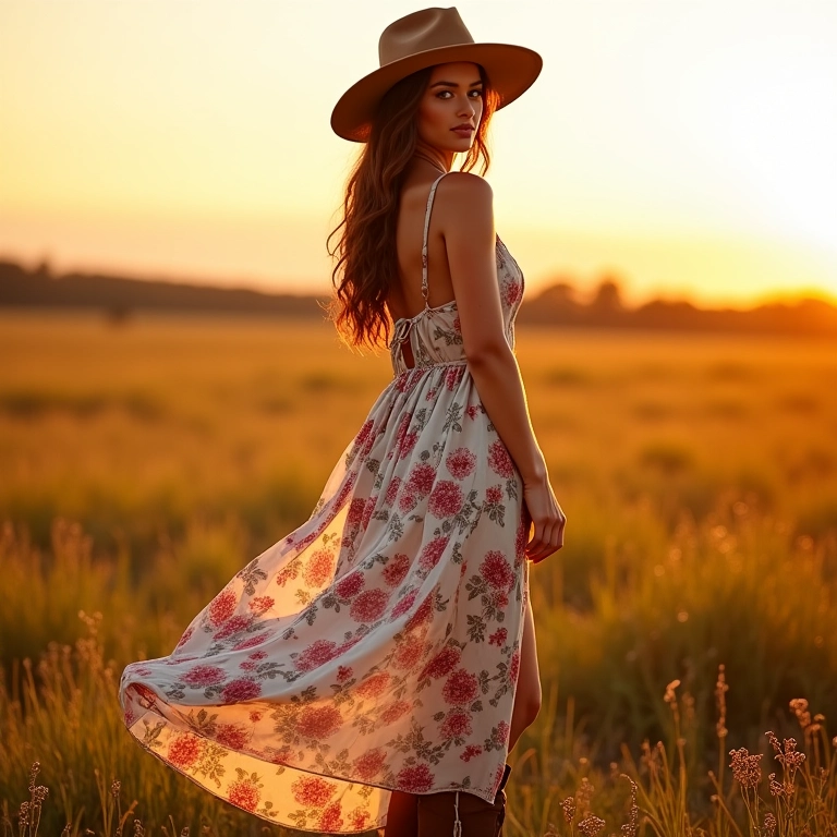 Look boho com vestido floral, chapéu e botas.