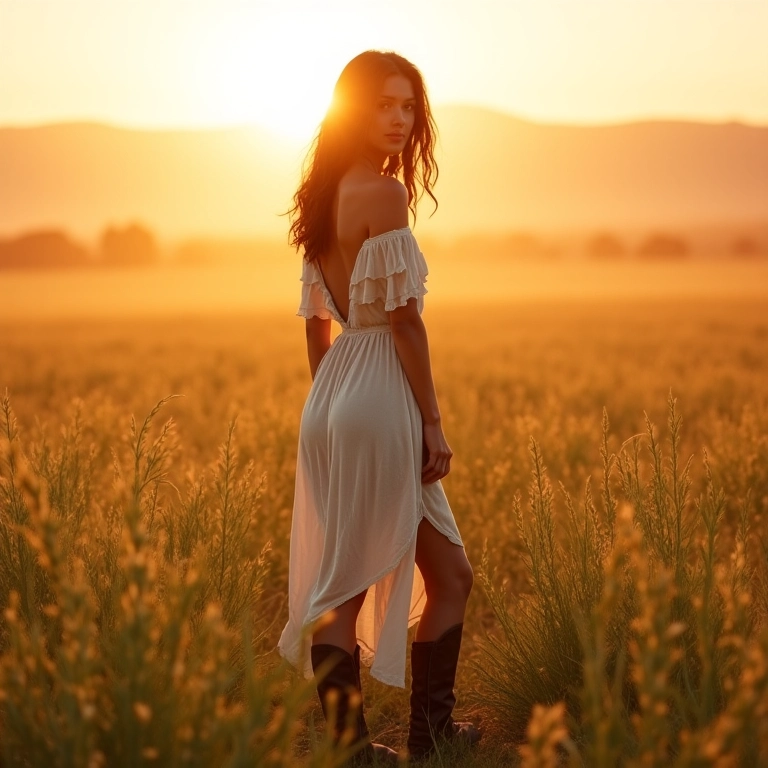 Look boho com vestido longo e bota em paisagem campestre brasileira.