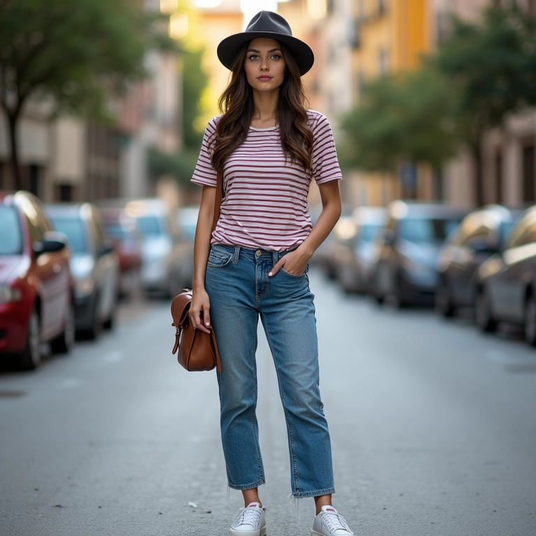Look casual chic com chapéu trilby, jeans e tênis.