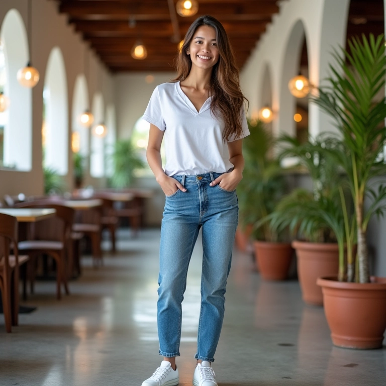 Look casual chic com jeans e camisa branca em café brasileiro.