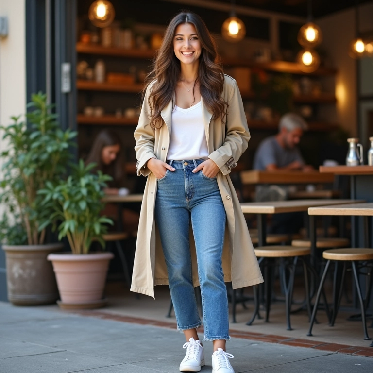 Look casual chic com jeans, tênis branco e trench coat.