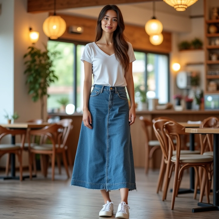 Look casual chic com saia jeans longa e camiseta branca em café.