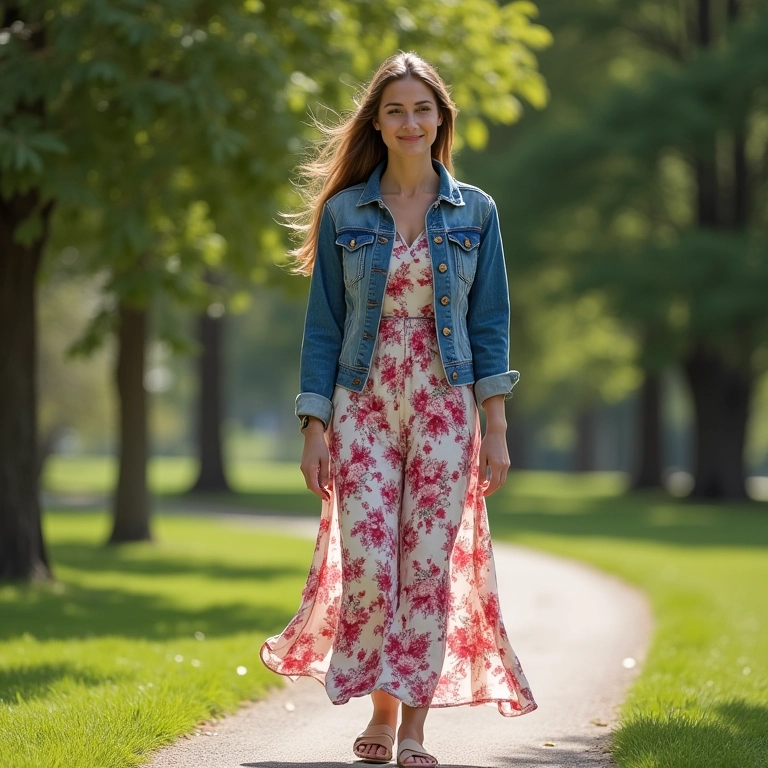 Look casual chic com vestido floral, sandálias e jaqueta jeans.