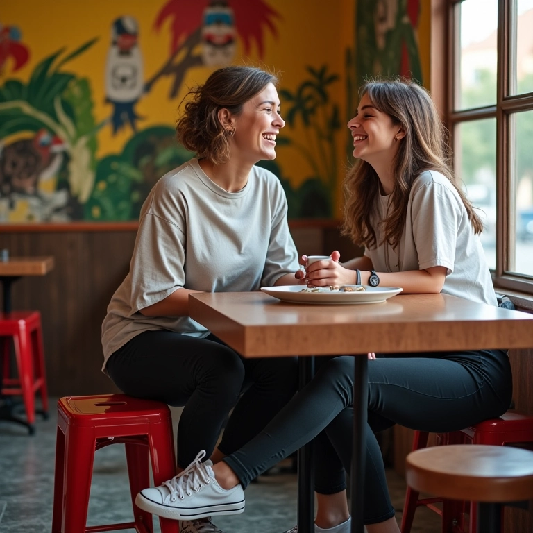 Look casual chic: legging, camisão e tênis em café brasileiro.