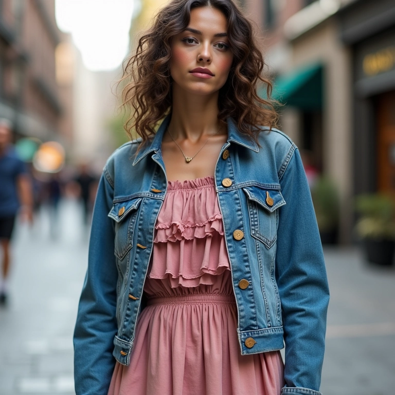 Look casual com jaqueta jeans e vestido com babados.