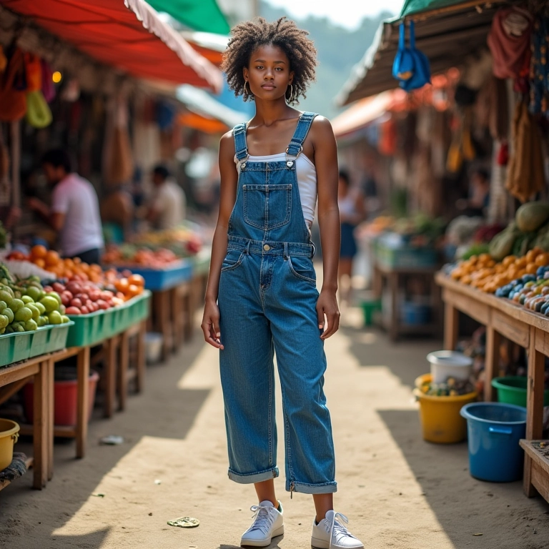 Look casual com jardineira jeans e tênis branco.