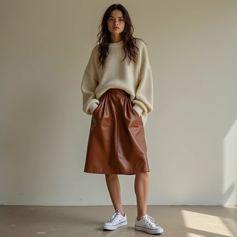 Look casual cool: saia de couro, tricô oversized e tênis.