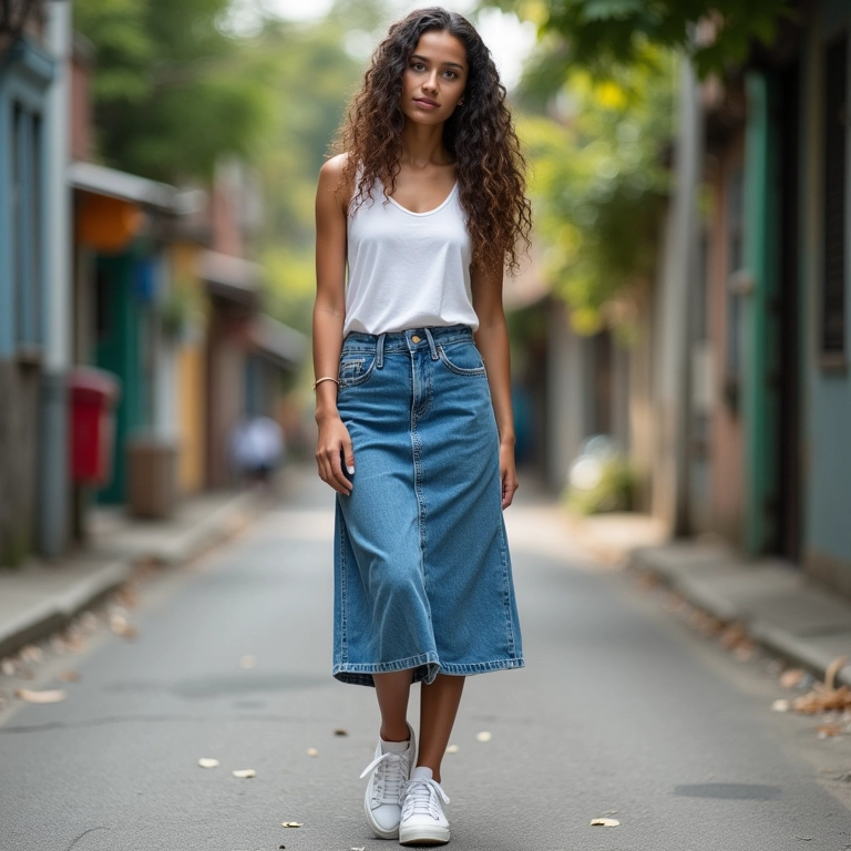 Look casual e estiloso com saia jeans midi e tênis branco.
