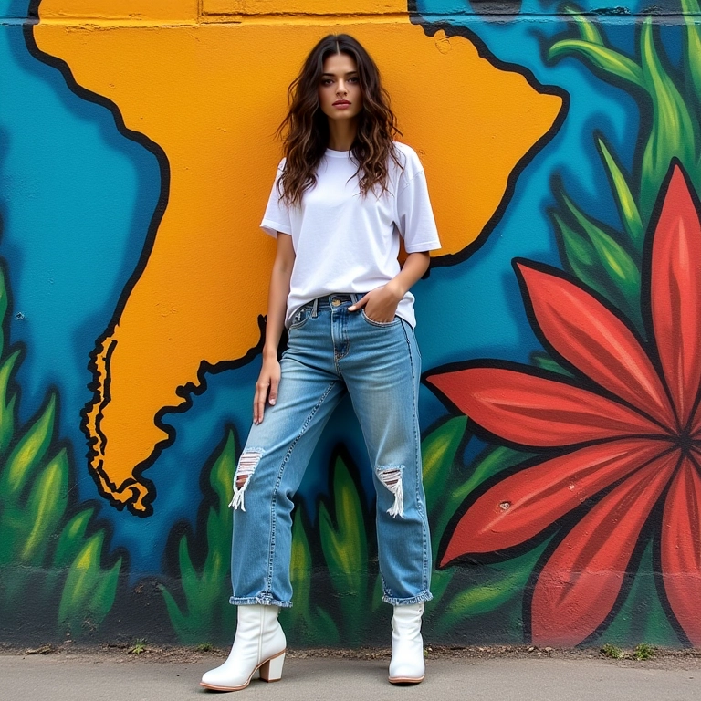 Look com bota branca, calça mom e camiseta.