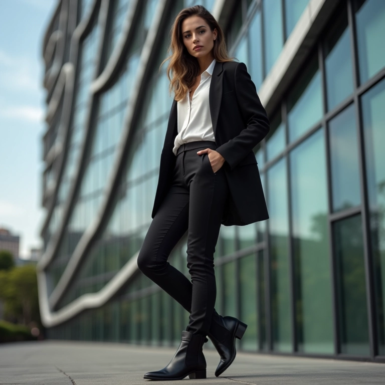Look com bota Chelsea, calça de alfaiataria e blazer.