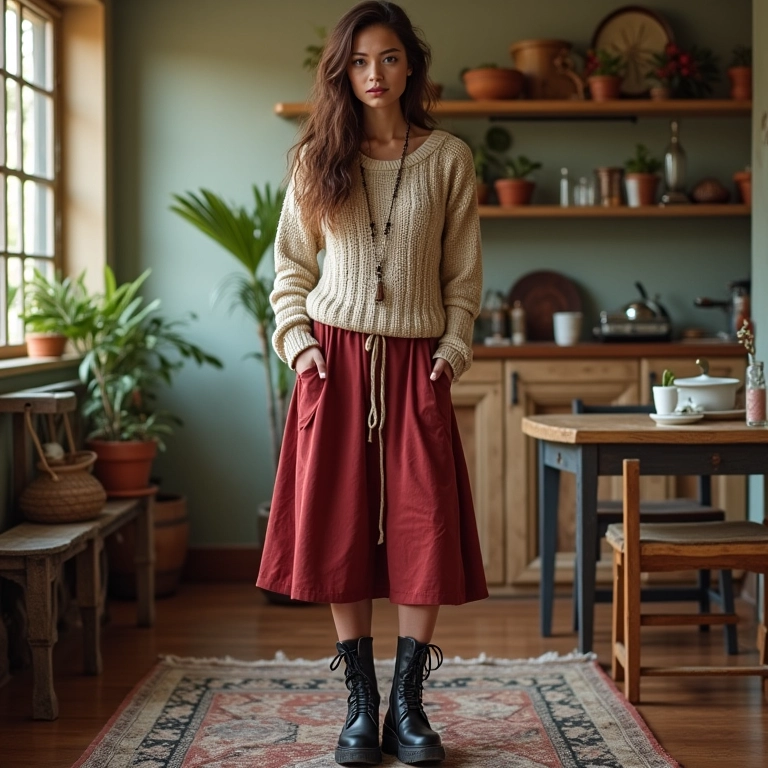 Look com bota coturno, saia midi e tricô.