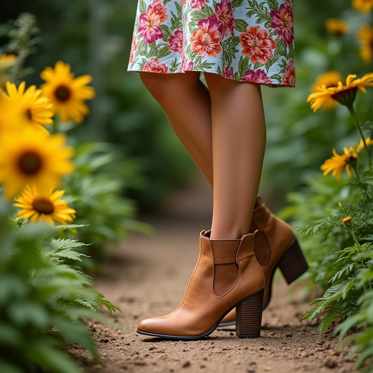 Look com bota de salto bloco e vestido estampado.