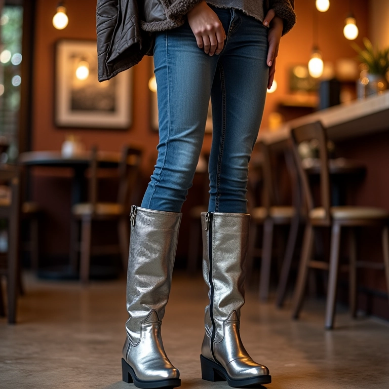 Look com bota metalizada, calça jeans e jaqueta de couro.