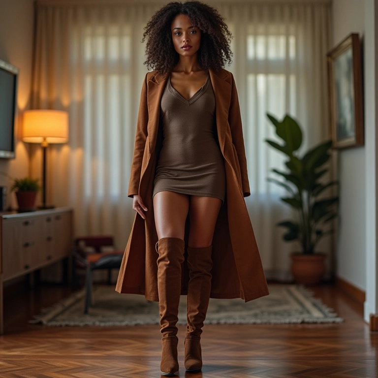 Look com bota over the knee, vestido curto e casaco alongado.