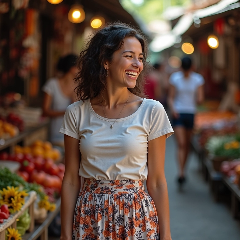 Look divertido com saia estampada e t-shirt em mercado brasileiro.