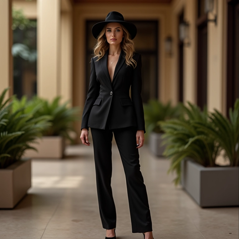 Look elegante com chapéu trilby, terno e salto alto.