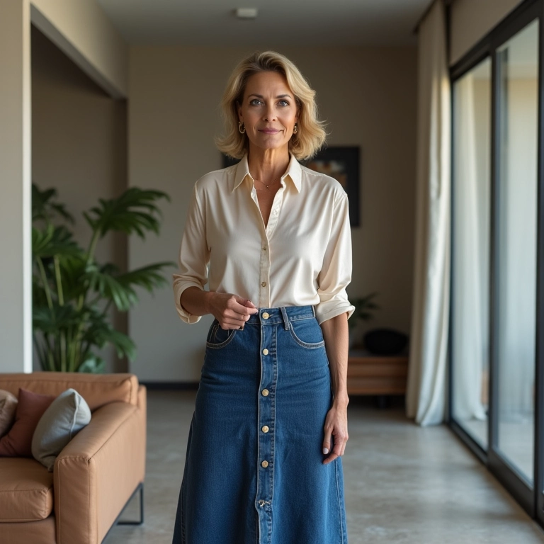 Look elegante com saia jeans longa e camisa de seda em apartamento moderno.