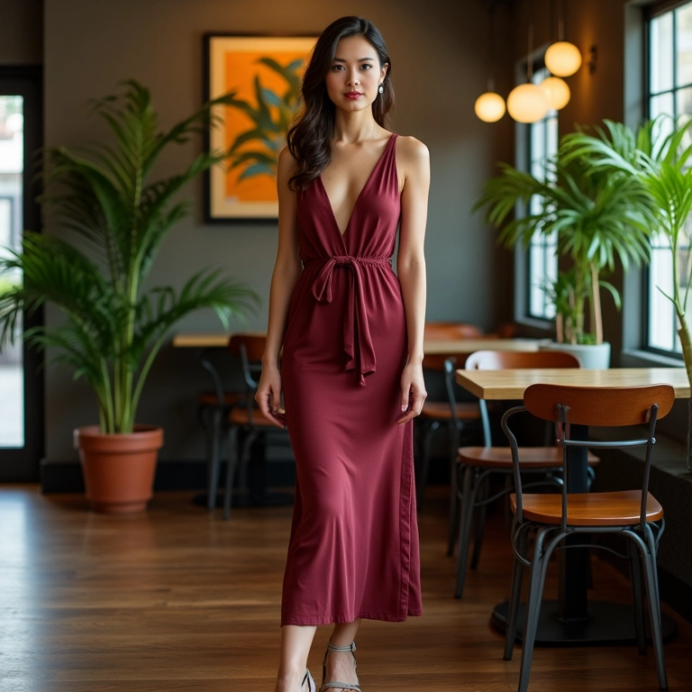 Look elegante com vestido midi e scarpin em restaurante sofisticado.