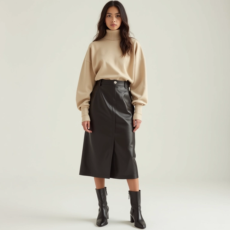 Look minimalista: saia de couro, blusa de gola alta e bota de cano alto.