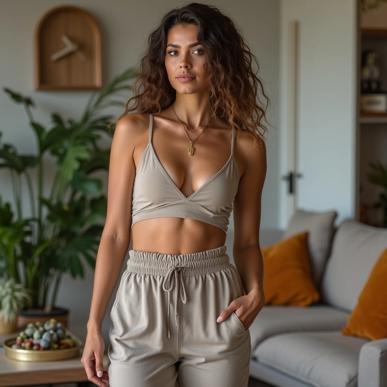 Look moderno com calça pantacourt e cropped em apartamento estiloso.