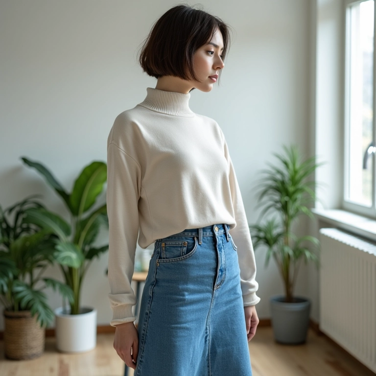 Look moderno com saia jeans longa e blusa de gola alta em apartamento minimalista.