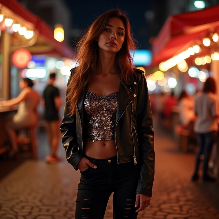 Look noite descolada: legging, top de paetê e jaqueta de couro.