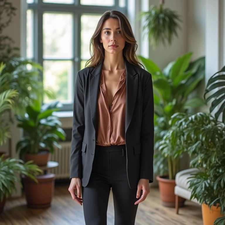 Look office criativo: legging, blusa de seda e blazer.