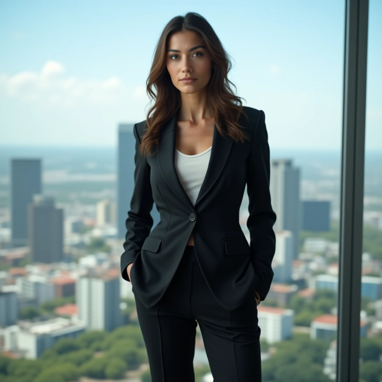 Look poderoso com blazer e calça de alfaiataria em escritório moderno.