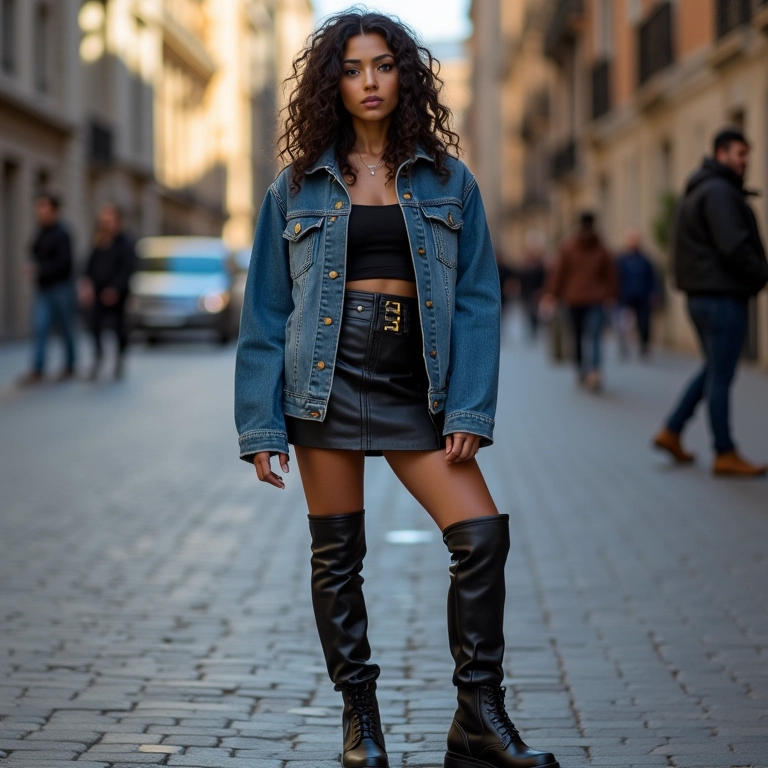 Look rocker chic com saia de couro, jaqueta jeans e bota.