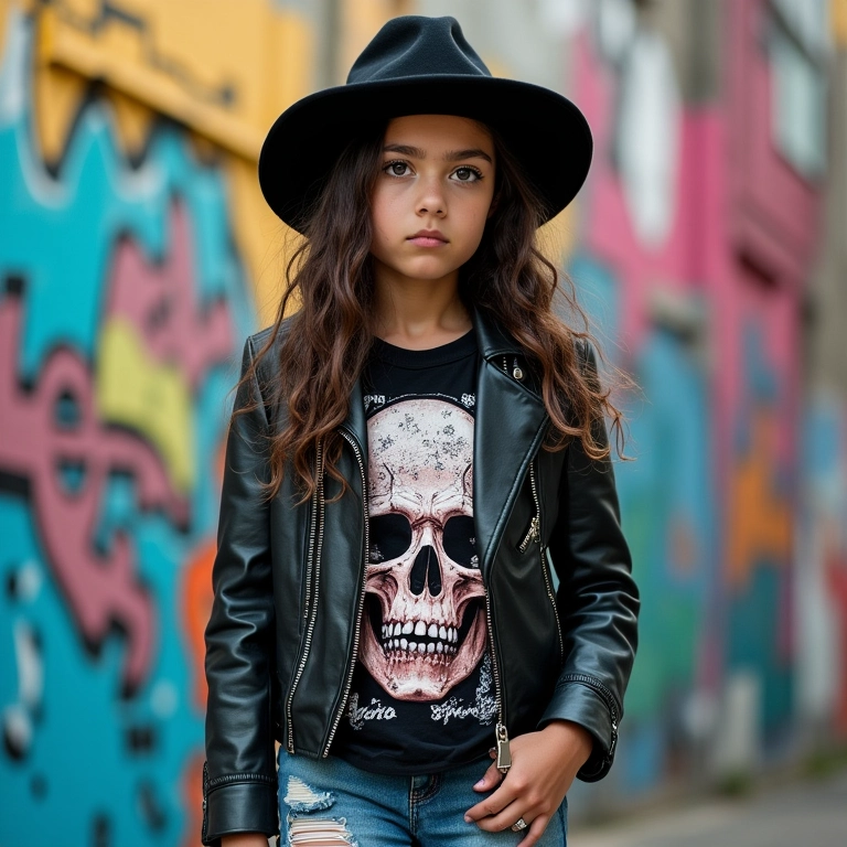 Look rocker com chapéu trilby, jaqueta de couro e jeans rasgados.