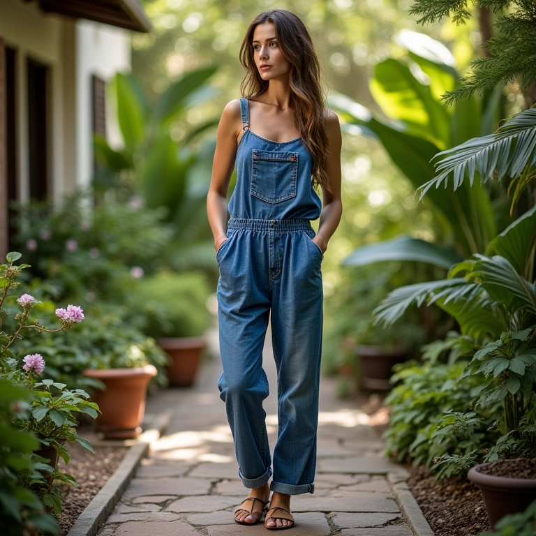 Look romântico com jardineira jeans e rasteirinha.
