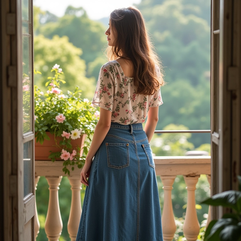 Look romântico com saia jeans longa e blusa floral em sacada ensolarada.