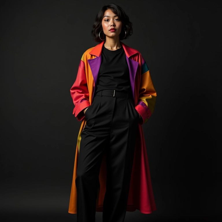 Look total black com trench coat colorido.