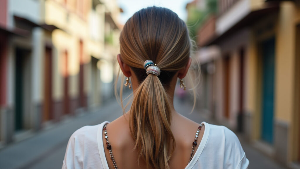 Low ponytail with accessories, Brazilian woman, casual setting, lifestyle photography, 8K quality, Rabo de cavalo baixo com acessórios, charme.