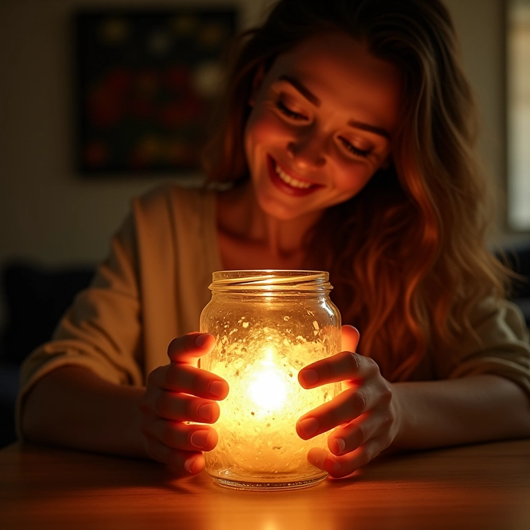 Luminária artesanal feita com pote de vidro, com mulher sorrindo ao fundo em um ambiente aconchegante.