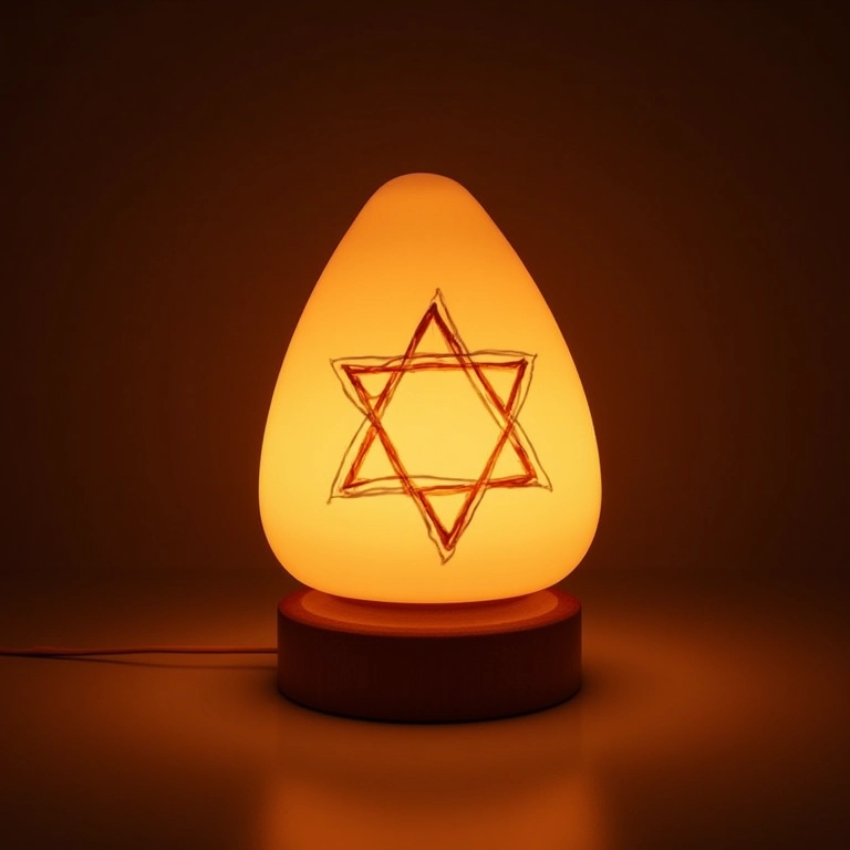 Luminária personalizada com símbolos judaicos em ambiente acolhedor.