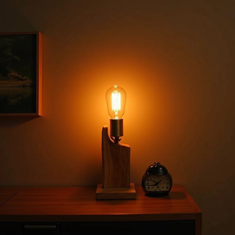 Luminária rústica de madeira demolida iluminando ambiente aconchegante.