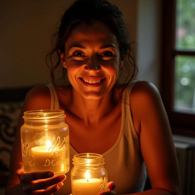 Luminárias artesanais feitas com potes de vidro reciclados iluminando um ambiente acolhedor.