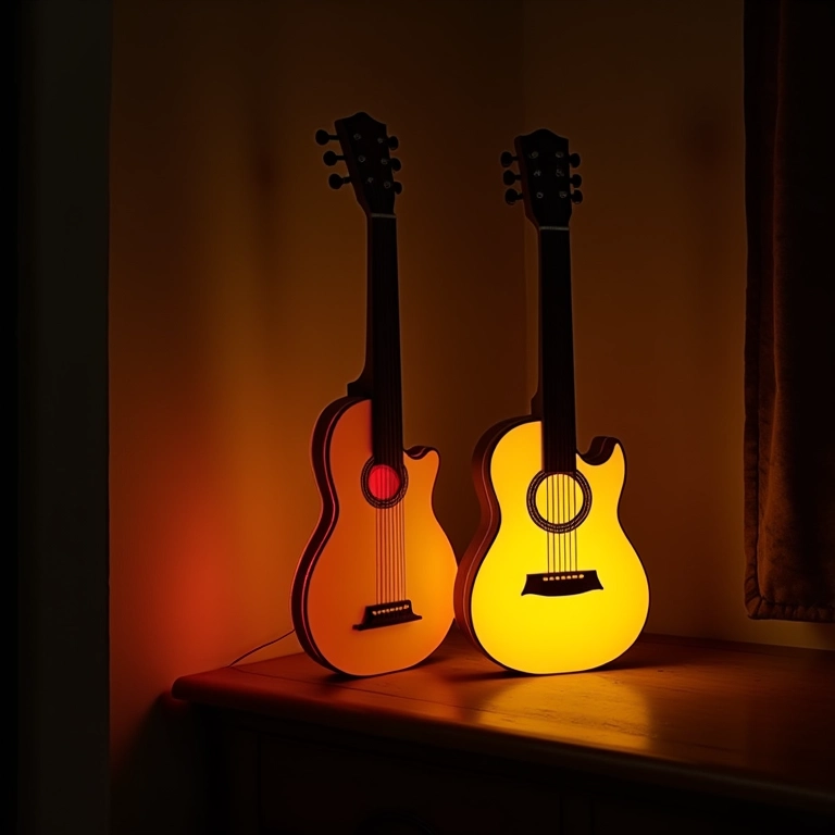 Luminárias criativas feitas com instrumentos musicais em uma sala de estar.