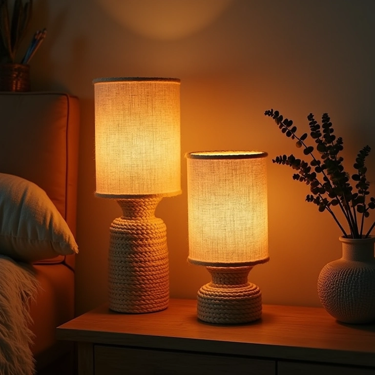 Luminárias de corda de sisal iluminando sala de estar aconchegante.