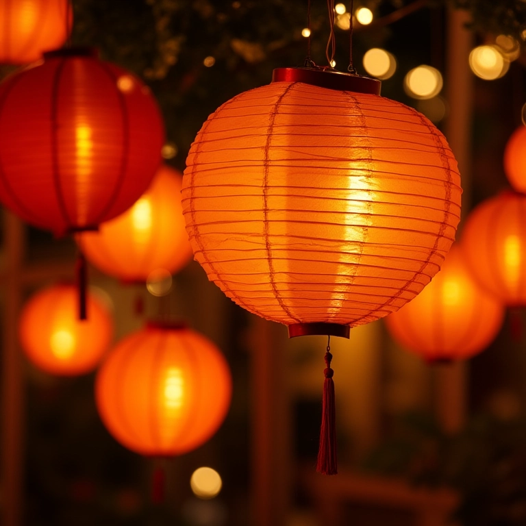 Luminárias de papel penduradas, criando uma iluminação aconchegante em uma festa junina.
