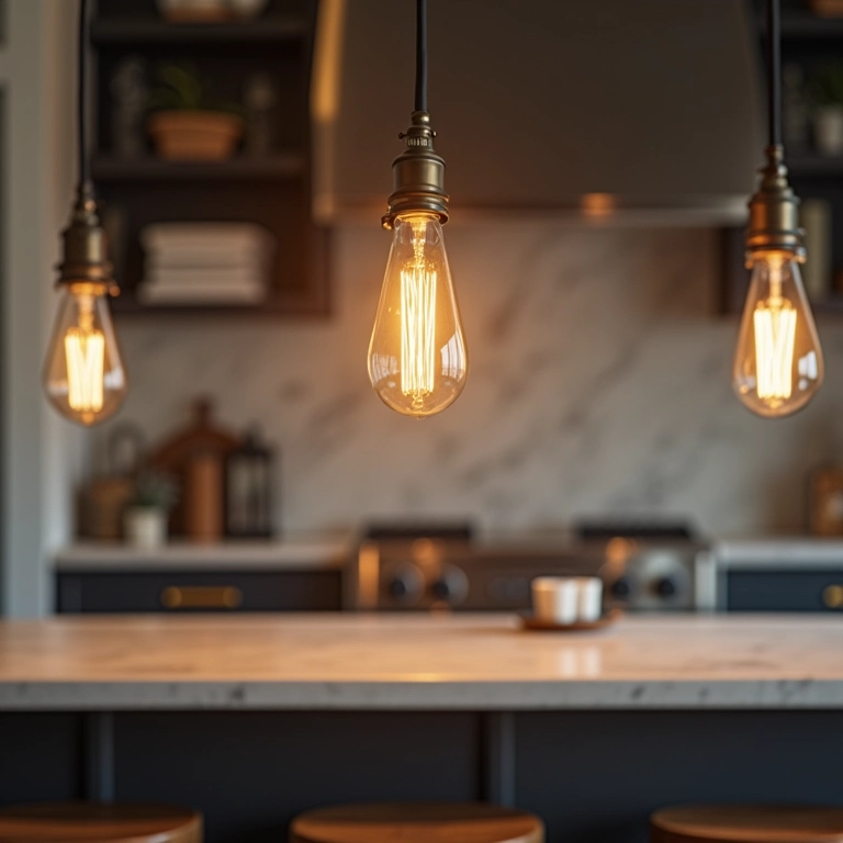 Luminárias pendentes industriais com lâmpadas expostas sobre uma ilha de cozinha.